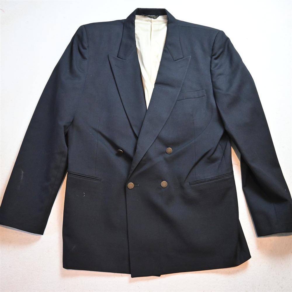Vtg Oscar de la Renta 46L Navy Blue Wool Hopsack Gold Button Blazer Sport Coat